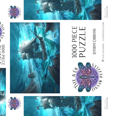 Darstellung des Puzzle Motivs Gefährliche See Piratenschiff - Anthony Christou Dangerous Seas Pirate Ship - Anthony Christou 1000 Puzzle Schachtel 3D Modell