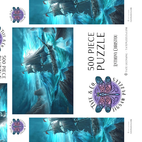Darstellung des Puzzle Motivs Gefährliche See Piratenschiff - Anthony Christou Dangerous Seas Pirate Ship - Anthony Christou 500 Puzzle Schachtel 3D Modell