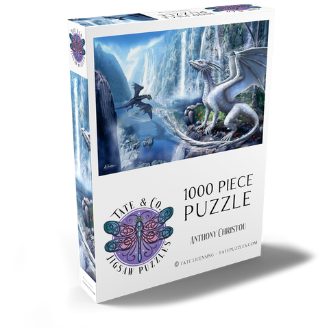 Darstellung des Puzzle Motivs Wasserfall-Drachen  -Anthony Christou Waterfall dragons  -Anthony Christou 1000 Puzzle Schachtel Ansicht2