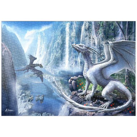 Darstellung des Puzzle Motivs Wasserfall-Drachen  -Anthony Christou puzzleplate Waterfall dragons  -Anthony Christou 1000 Puzzle