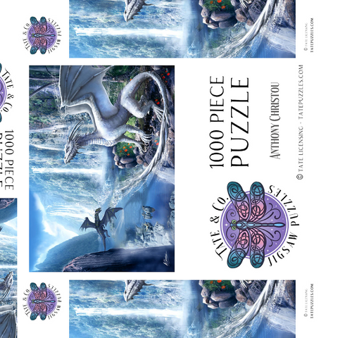 Darstellung des Puzzle Motivs Wasserfall-Drachen  -Anthony Christou Waterfall dragons  -Anthony Christou 1000 Puzzle Schachtel 3D Modell
