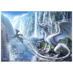 Darstellung des Puzzle-Motivs Wasserfall-Drachen  -Anthony Christou – Puzzleteile: 500