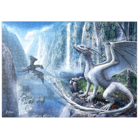Darstellung des Puzzle Motivs Wasserfall-Drachen  -Anthony Christou puzzleplate Waterfall dragons  -Anthony Christou 500 Puzzle