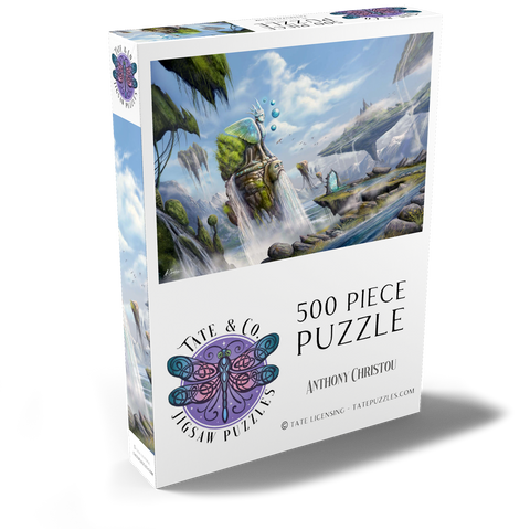 Darstellung des Puzzle Motivs Wasserfälle Traumlandschaft Argolis Surreale Landschaft - Anthony Christou –Waterfalls Dreamscape Argolida Surreal Landscape -Anthony Christou 500 Puzzle Schachtel Ansicht2
