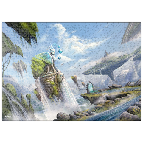 Darstellung des Puzzle Motivs Wasserfälle Traumlandschaft Argolis Surreale Landschaft - Anthony Christou puzzleplate –Waterfalls Dreamscape Argolida Surreal Landscape -Anthony Christou 500 Puzzle