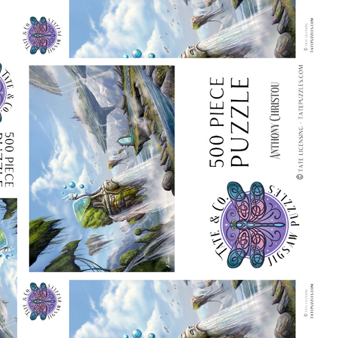 Darstellung des Puzzle Motivs Wasserfälle Traumlandschaft Argolis Surreale Landschaft - Anthony Christou –Waterfalls Dreamscape Argolida Surreal Landscape -Anthony Christou 500 Puzzle Schachtel 3D Modell