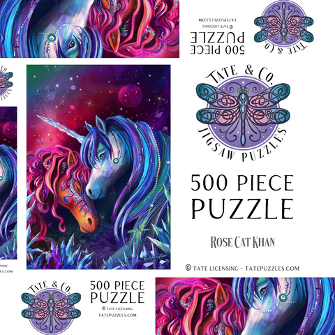 Darstellung des Puzzle Motivs Kristallgarten-Einhörner - Rose Cat Khan Crystal Garden Unicorns - Rose Cat Khan 500 Puzzle Schachtel 3D Modell