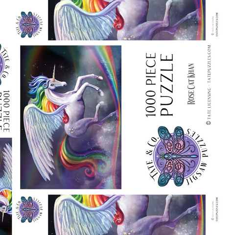 Darstellung des Puzzle Motivs Regenbogen-Tänzer-Einhorn – Rose Cat Khan Rainbow Dancer Unicorn - Rose Cat Khan 1000 Puzzle Schachtel 3D Modell