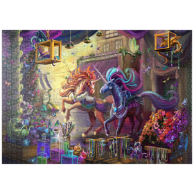 Darstellung des Puzzle-Motivs Zwielicht-Einhorn-Marktplatz – Rose Cat Khan – Puzzleteile: 1000