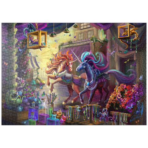 Darstellung des Puzzle Motivs Zwielicht-Einhorn-Marktplatz – Rose Cat Khan puzzleplate Twilight Unicorn Marketplace - Rose Cat Khan 1000 Puzzle