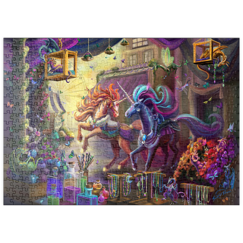 Darstellung des Puzzle Motivs Zwielicht-Einhorn-Marktplatz – Rose Cat Khan puzzleplate Twilight Unicorn Marketplace - Rose Cat Khan 500 Puzzle