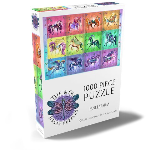 Darstellung des Puzzle Motivs Ein Dutzend Regenbogen-Einhörner – Rose Cat Khan A Dozen Rainbow Unicorns - Rose Cat Khan 1000 Puzzle Schachtel Ansicht2