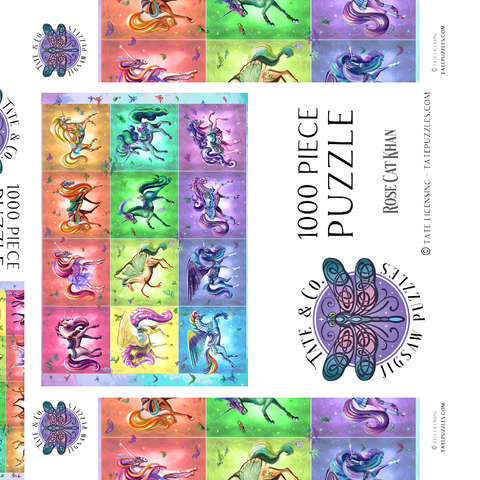 Darstellung des Puzzle Motivs Ein Dutzend Regenbogen-Einhörner – Rose Cat Khan A Dozen Rainbow Unicorns - Rose Cat Khan 1000 Puzzle Schachtel 3D Modell