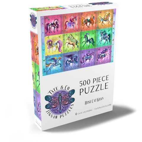 Darstellung des Puzzle Motivs Ein Dutzend Regenbogen-Einhörner – Rose Cat Khan A Dozen Rainbow Unicorns - Rose Cat Khan 500 Puzzle Schachtel Ansicht2