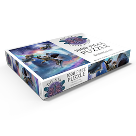 Darstellung des Puzzle Motivs Space Cat Riding Shark, Galaxy Cats Sharks - Random Galaxy - Puzzleteile: 1000