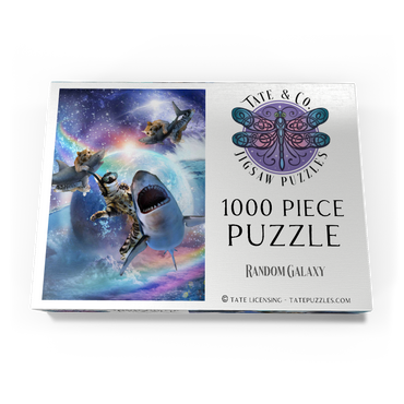 Darstellung des Puzzle Motivs Space Cat Riding Shark, Galaxy Cats Sharks - Random Galaxy 1000 Puzzle Schachtel Ansicht3