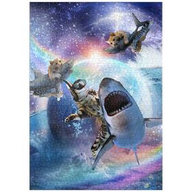 Darstellung des Puzzle-Motivs Space Cat Riding Shark, Galaxy Cats Sharks - Random Galaxy – Puzzleteile: 1000