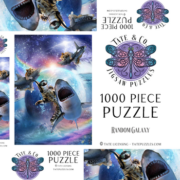 Darstellung des Puzzle Motivs Space Cat Riding Shark, Galaxy Cats Sharks - Random Galaxy 1000 Puzzle Schachtel 3D Modell