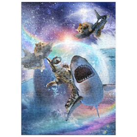 Darstellung des Puzzle Motivs Space Cat Riding Shark, Galaxy Cats Sharks - Random Galaxy - Puzzleteile: 500