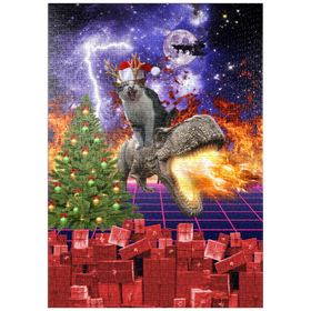 Darstellung des Puzzle-Motivs Christmas Cat Riding Dinosaur, Santa T-Rex - Random Galaxy – Puzzleteile: 1000