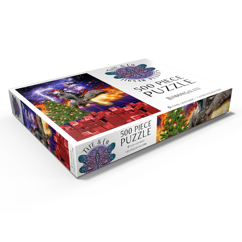Darstellung des Puzzle Motivs Christmas Cat Riding Dinosaur, Santa T-Rex - Random Galaxy Christmas Cat Riding Dinosaur, Santa T-Rex - Random Galaxy 500 Puzzle Schachtel Ansicht1