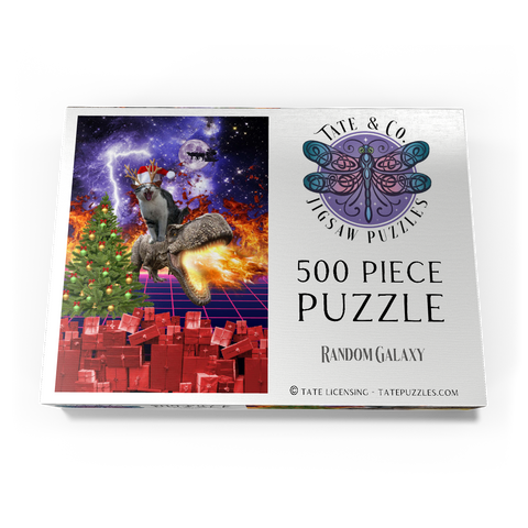 Darstellung des Puzzle Motivs Christmas Cat Riding Dinosaur, Santa T-Rex - Random Galaxy Christmas Cat Riding Dinosaur, Santa T-Rex - Random Galaxy 500 Puzzle Schachtel Ansicht3