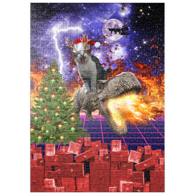 Darstellung des Puzzle-Motivs Christmas Cat Riding Dinosaur, Santa T-Rex - Random Galaxy – Puzzleteile: 500