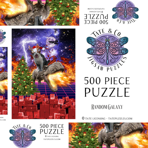 Darstellung des Puzzle Motivs Christmas Cat Riding Dinosaur, Santa T-Rex - Random Galaxy Christmas Cat Riding Dinosaur, Santa T-Rex - Random Galaxy 500 Puzzle Schachtel 3D Modell