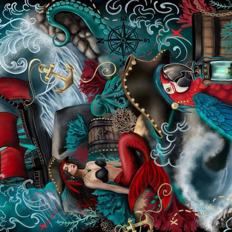 Darstellung des Puzzle Motivs Pirate Cove Parrot and Mermaid - Sheena Pike Pirate Cove Parrot and Mermaid - Sheena Pike 500 Puzzle 3D Modell