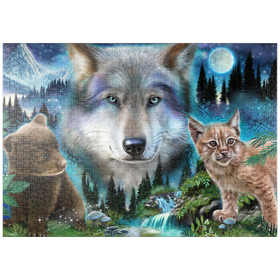 Darstellung des Puzzle-Motivs Magic Wolf and Friends Lynx and Bear - Sheena Pike – Puzzleteile: 1000