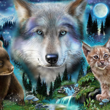 Darstellung des Puzzle Motivs Magic Wolf and Friends Lynx and Bear - Sheena Pike 1000 Puzzle 3D Modell