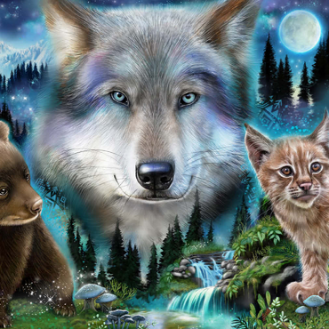 Darstellung des Puzzle Motivs Magic Wolf and Friends Lynx and Bear - Sheena Pike 500 Puzzle 3D Modell