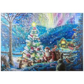 Darstellung des Puzzle-Motivs Christmas Tree  with Santa & northern lights - Dakota Daetwiler – Puzzleteile: 1000