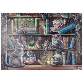 Darstellung des Puzzle-Motivs Cat & Mouse Library Bookshelf - Dakota Daetwiler – Puzzleteile: 1000