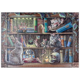 Darstellung des Puzzle-Motivs Cat & Mouse Library Bookshelf - Dakota Daetwiler – Puzzleteile: 500