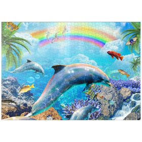 Darstellung des Puzzle-Motivs Rainbow Dolphin Exploring the Ocean Skies - Random Galaxy – Puzzleteile: 1000