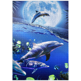 Darstellung des Puzzle-Motivs Moonlight Dolphin Gliding Through the Night Ocean - Random Galaxy – Puzzleteile: 1000
