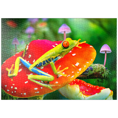 Darstellung des Puzzle Motivs Red-Eyed Tree Frog in a Magical Mushroom Forest - Random Galaxy puzzleplate Red-Eyed Tree Frog in a Magical Mushroom Forest - Random Galaxy 1000 Puzzle