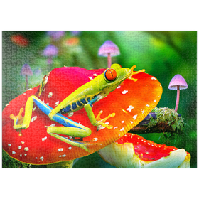 Darstellung des Puzzle Motivs Red-Eyed Tree Frog in a Magical Mushroom Forest - Random Galaxy - Puzzleteile: 1000