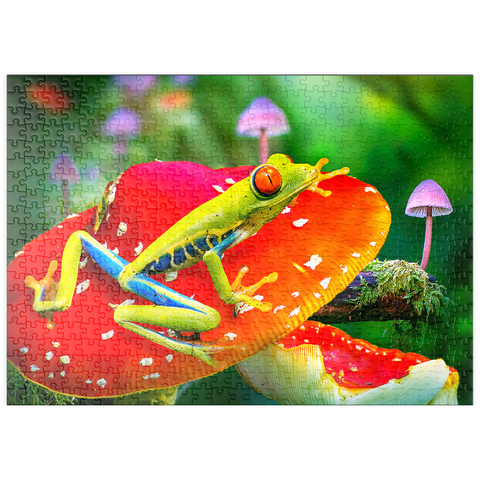 Darstellung des Puzzle Motivs Red-Eyed Tree Frog in a Magical Mushroom Forest - Random Galaxy puzzleplate Red-Eyed Tree Frog in a Magical Mushroom Forest - Random Galaxy 500 Puzzle
