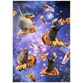 Darstellung des Puzzle-Motivs Space Capybara Enjoying a Cosmic Pizza Feast - Random Galaxy – Puzzleteile: 1000