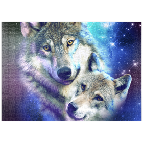 Darstellung des Puzzle Motivs Cosmic Wolf Family Under the Galactic Moon - Random Galaxy - Puzzleteile: 1000