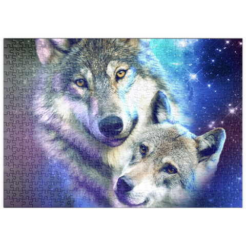 Darstellung des Puzzle Motivs Cosmic Wolf Family Under the Galactic Moon - Random Galaxy puzzleplate Cosmic Wolf Family Under the Galactic Moon - Random Galaxy 500 Puzzle
