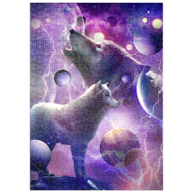 Darstellung des Puzzle-Motivs Celestial Wolf Howling Under a Stormy Moon - Random Galaxy – Puzzleteile: 500