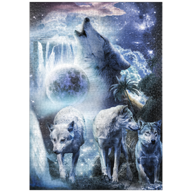 Darstellung des Puzzle-Motivs Waterfall Wolf Howling Beside the Moonlight Falls - Random Galaxy – Puzzleteile: 1000