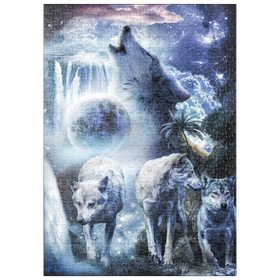 Darstellung des Puzzle-Motivs Waterfall Wolf Howling Beside the Moonlight Falls - Random Galaxy – Puzzleteile: 500