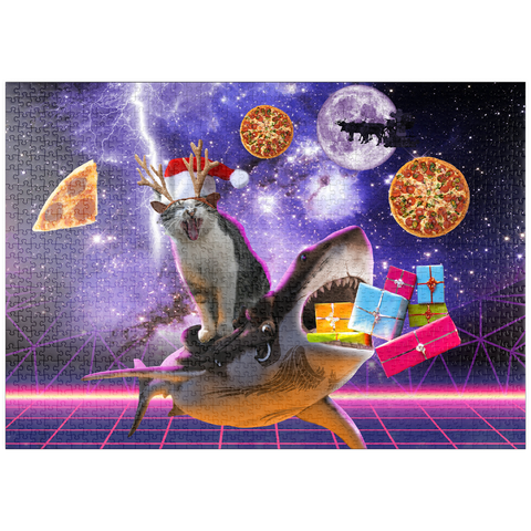 Darstellung des Puzzle Motivs Christmas Cat Riding Shark in Space - Random Galaxy puzzleplate Christmas Cat Riding Shark in Space - Random Galaxy 1000 Puzzle
