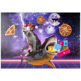 Darstellung des Puzzle Motivs Christmas Cat Riding Shark in Space - Random Galaxy - Puzzleteile: 1000