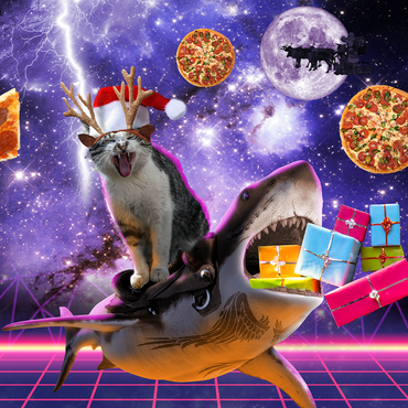 Darstellung des Puzzle Motivs Christmas Cat Riding Shark in Space - Random Galaxy 1000 Puzzle 3D Modell