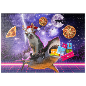Darstellung des Puzzle Motivs Christmas Cat Riding Shark in Space - Random Galaxy - Puzzleteile: 500